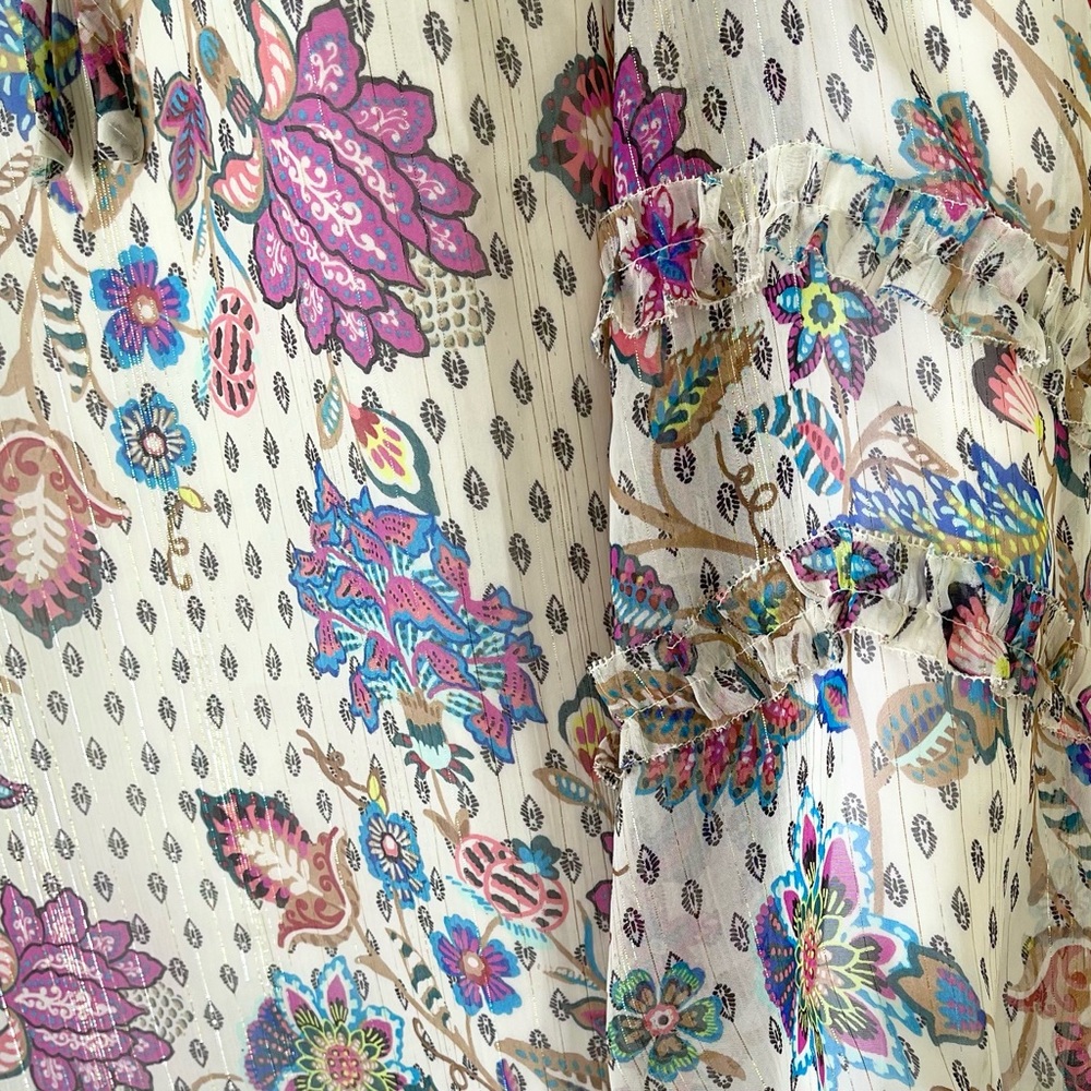 LOFT Ann Taylor Chiffon Bohemian Blouse Shimmer Vine Smocked Ruffle Tie Neck - Picture 11 of 16